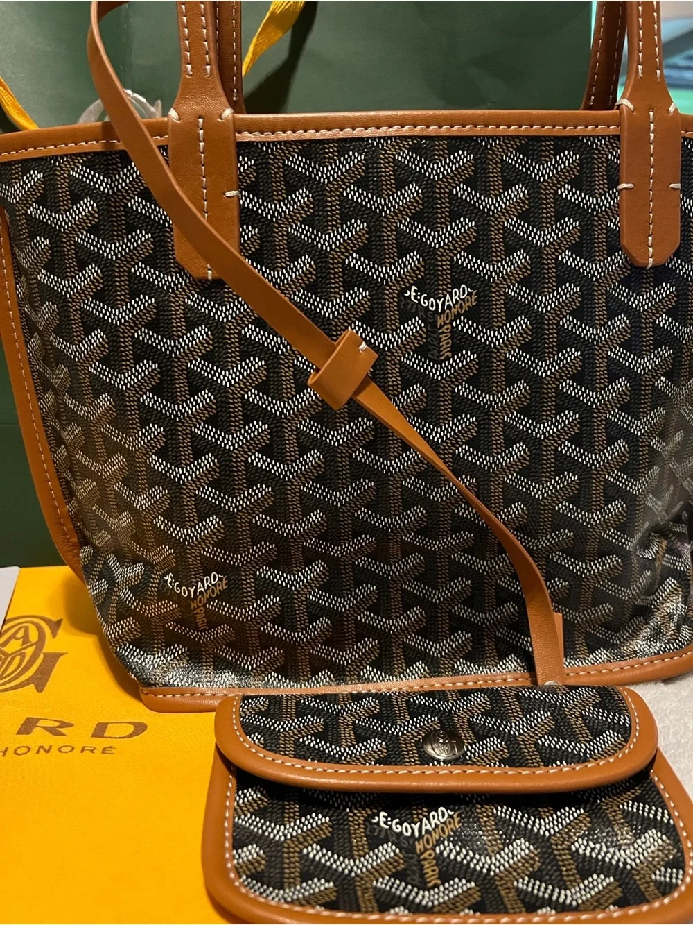 Goyard-Style Black & Tan Canvas Tote with Matching Pouch